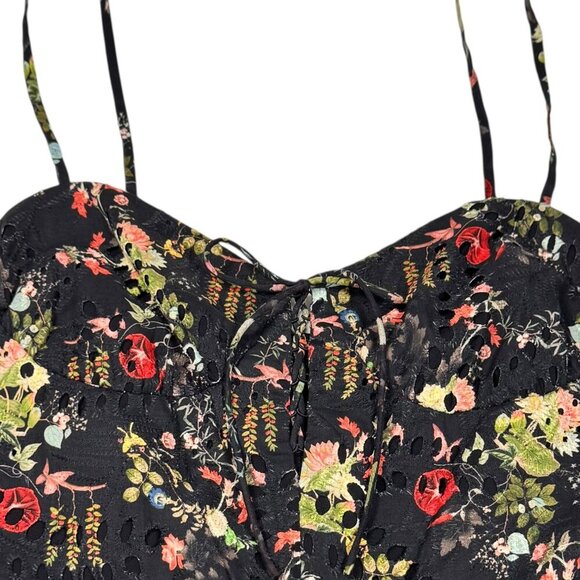 ALICE + OLIVIA Daisy Tiered Mini Dress Sz.10 Dark Floral Black Eyelet Tie-Front - Picture 11 of 16
